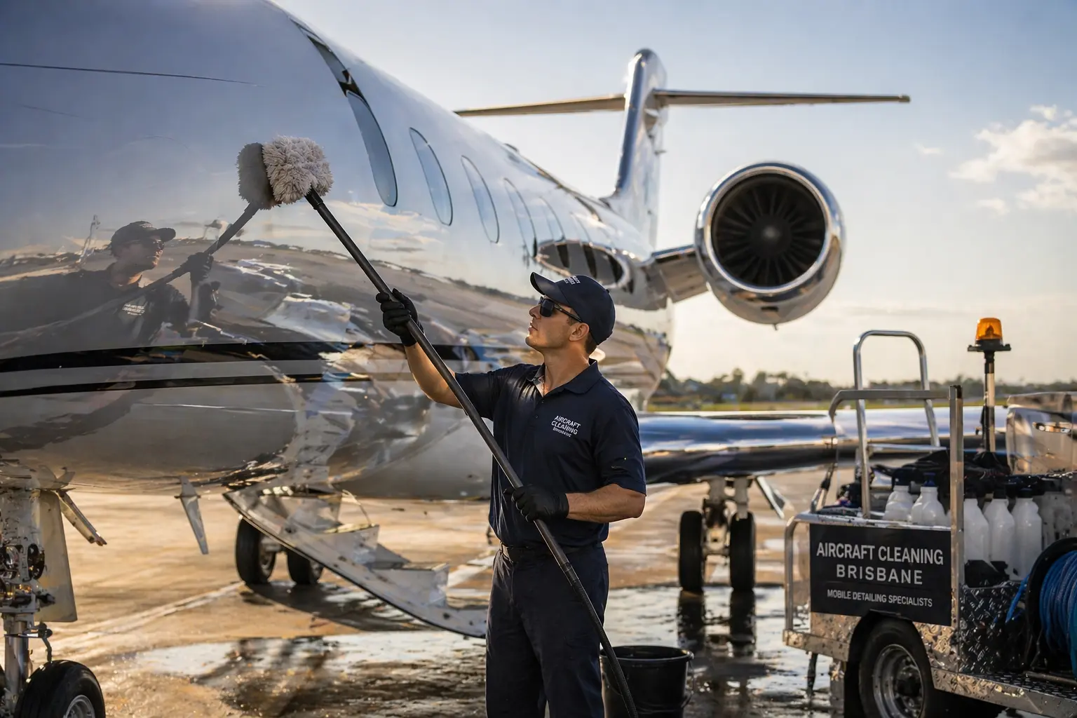 mobile aircraft cleaning brisbane private jet detailing on airport ramp